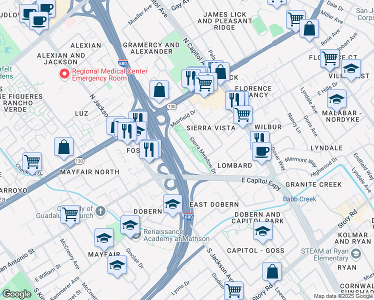 map of restaurants, bars, coffee shops, grocery stores, and more near 2 Muirfield Drive in San Jose