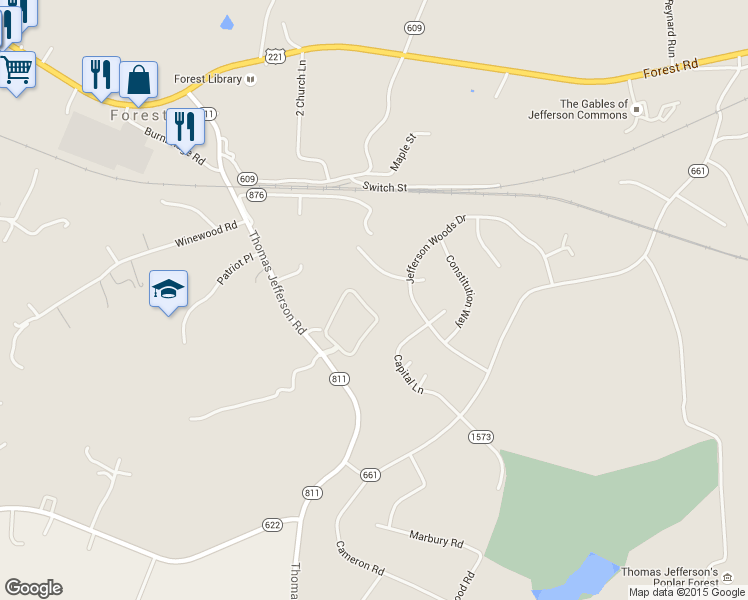 map of restaurants, bars, coffee shops, grocery stores, and more near 1231 Jefferson Way in Forest