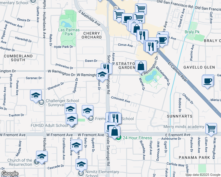 map of restaurants, bars, coffee shops, grocery stores, and more near 1066 Sunnyvale Saratoga Road in Sunnyvale