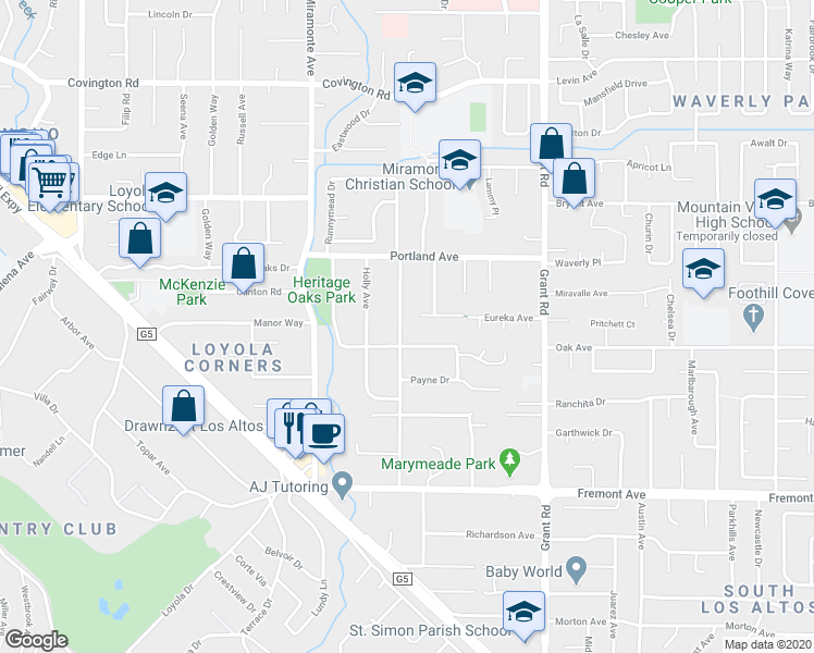 map of restaurants, bars, coffee shops, grocery stores, and more near 1375 Oakhurst Avenue in Los Altos