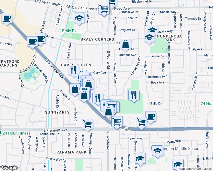 map of restaurants, bars, coffee shops, grocery stores, and more near 951 South Wolfe Road in Sunnyvale