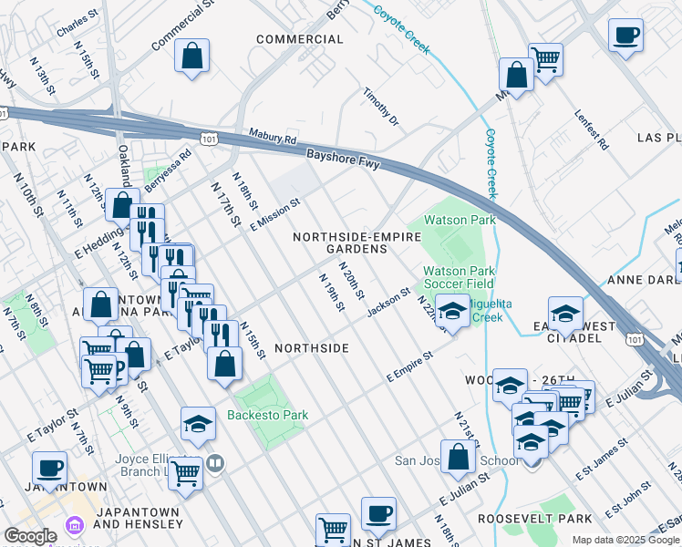 map of restaurants, bars, coffee shops, grocery stores, and more near 671 North 20th Street in San Jose