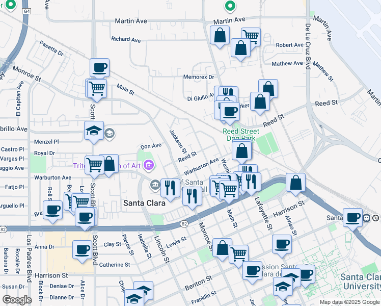 map of restaurants, bars, coffee shops, grocery stores, and more near 1187 Reed Street in Santa Clara