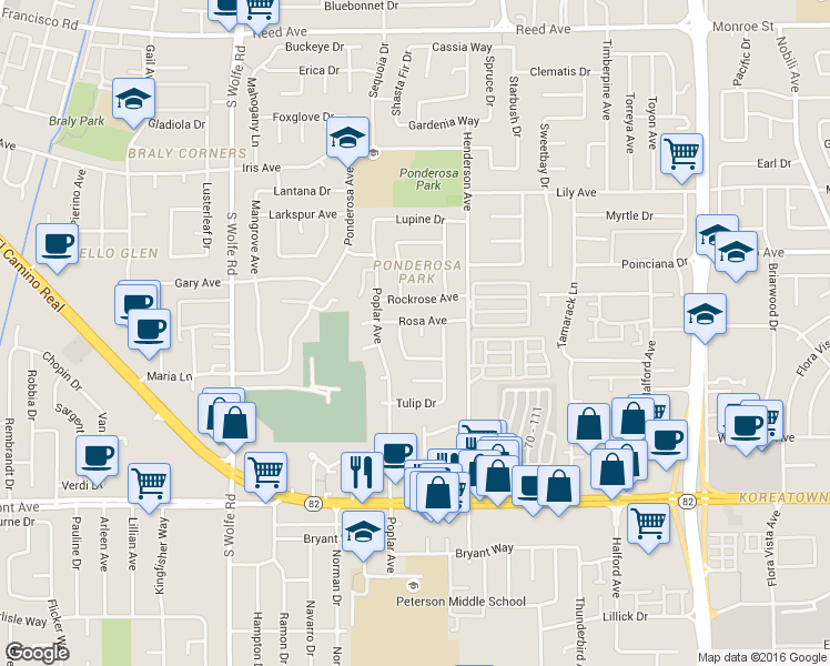 map of restaurants, bars, coffee shops, grocery stores, and more near 921 Quercus Court in Sunnyvale