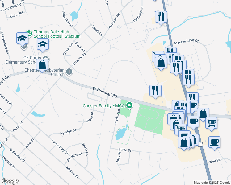 map of restaurants, bars, coffee shops, grocery stores, and more near 3110 West Hundred Road in Chester