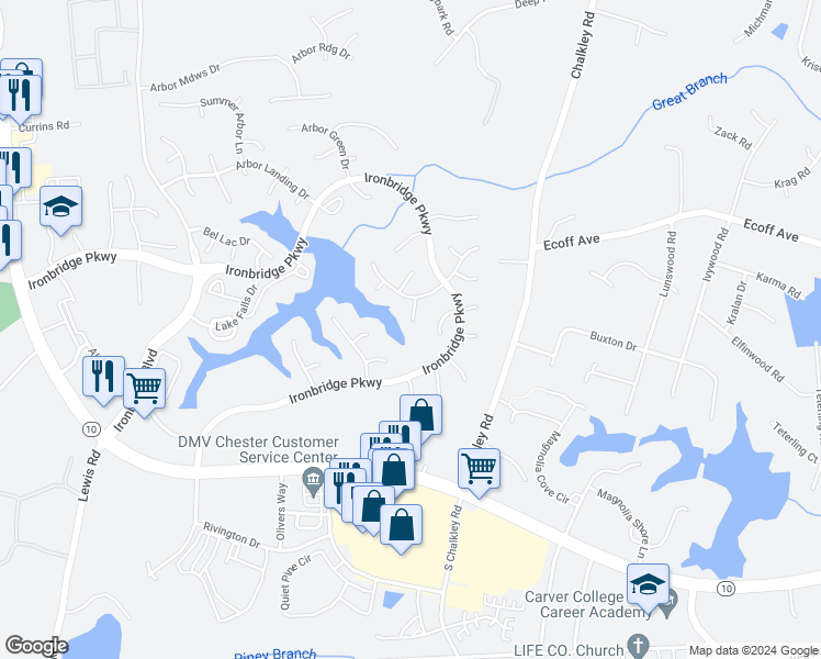 map of restaurants, bars, coffee shops, grocery stores, and more near 11608 Hickory Landing Place in Chester