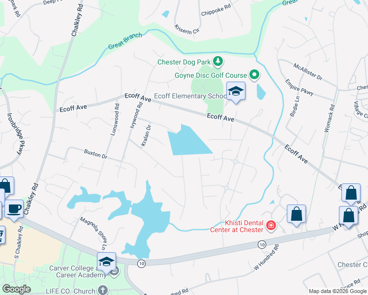map of restaurants, bars, coffee shops, grocery stores, and more near 11501 Teterling Road in Chester