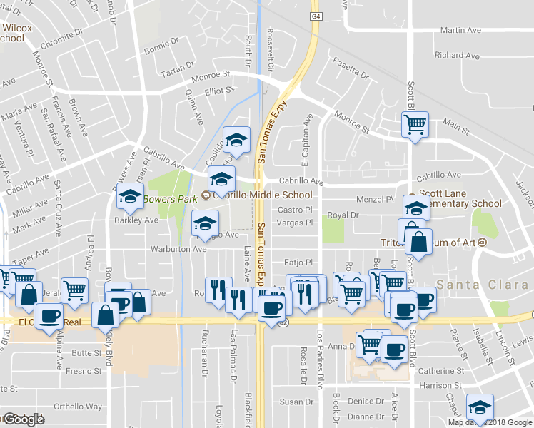 map of restaurants, bars, coffee shops, grocery stores, and more near 1884 Graham Lane in Santa Clara
