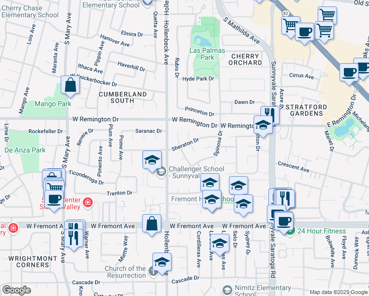 map of restaurants, bars, coffee shops, grocery stores, and more near 1130 Royal Ann Drive in Sunnyvale