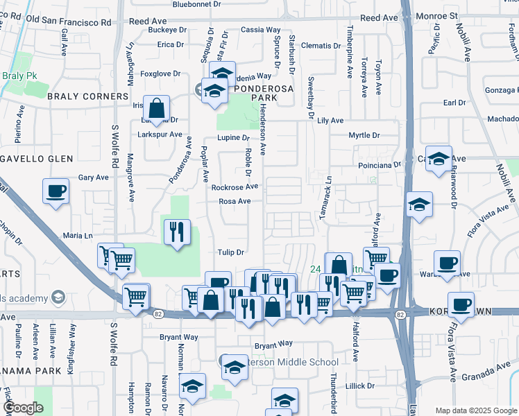map of restaurants, bars, coffee shops, grocery stores, and more near 921 Henderson Avenue in Sunnyvale