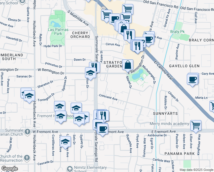 map of restaurants, bars, coffee shops, grocery stores, and more near 120 East Remington Drive in Sunnyvale