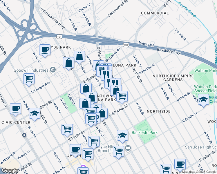 map of restaurants, bars, coffee shops, grocery stores, and more near 809 North 13th Street in San Jose