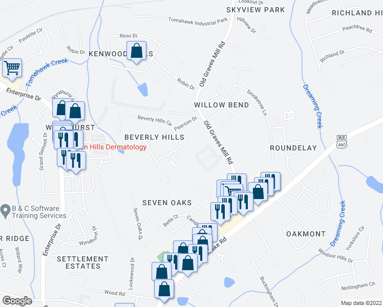 map of restaurants, bars, coffee shops, grocery stores, and more near 162 Salisbury Circle in Lynchburg