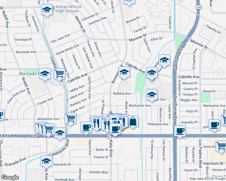 map of restaurants, bars, coffee shops, grocery stores, and more near 1880 Larsen Place in Santa Clara