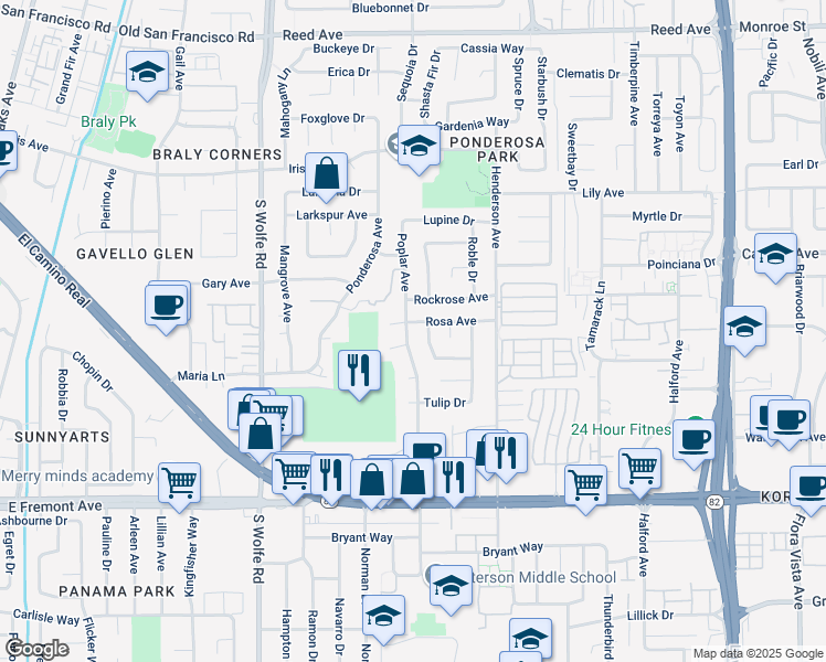 map of restaurants, bars, coffee shops, grocery stores, and more near 916 Poplar Avenue in Sunnyvale
