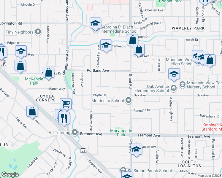 map of restaurants, bars, coffee shops, grocery stores, and more near 1200 Eureka Court in Los Altos
