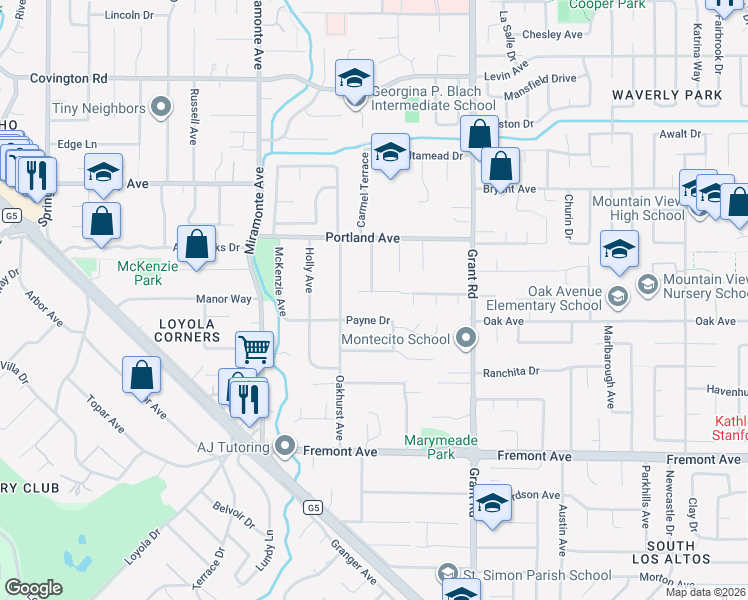 map of restaurants, bars, coffee shops, grocery stores, and more near 1178 Eureka Avenue in Los Altos