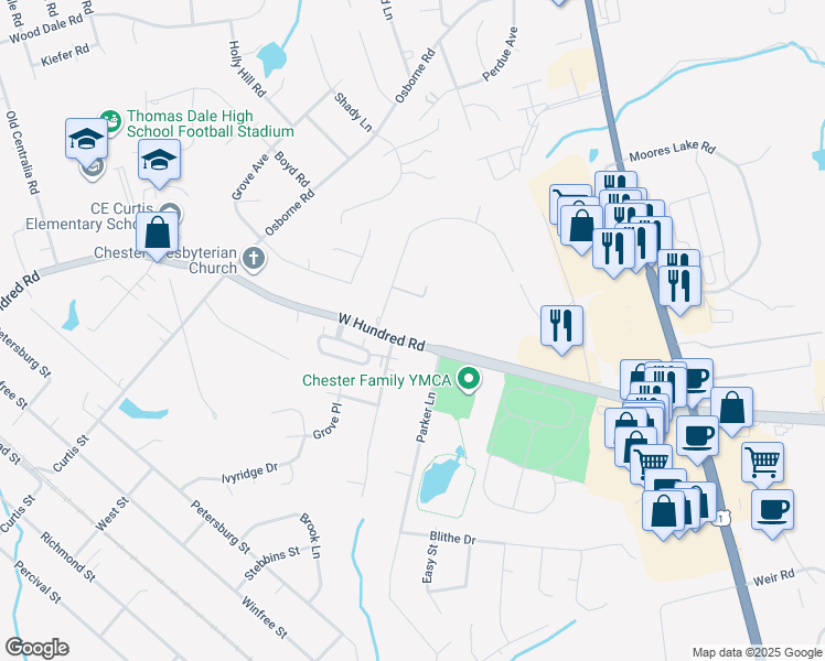 map of restaurants, bars, coffee shops, grocery stores, and more near 3110 West Hundred Road in Chester