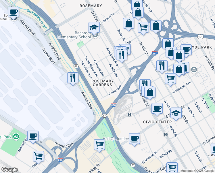 map of restaurants, bars, coffee shops, grocery stores, and more near 1239 Forrestal Avenue in San Jose