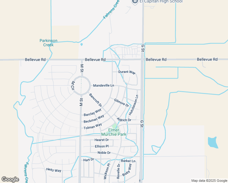map of restaurants, bars, coffee shops, grocery stores, and more near 4750 Barclay Way in Merced