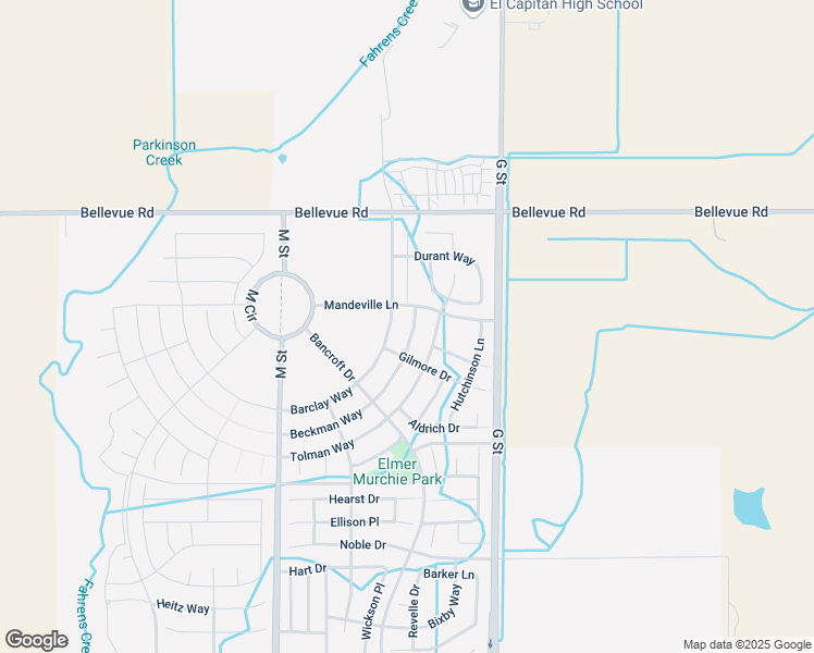 map of restaurants, bars, coffee shops, grocery stores, and more near 4750 Barclay Way in Merced