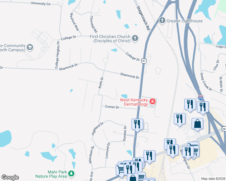map of restaurants, bars, coffee shops, grocery stores, and more near 111 Carlisle Drive in Madisonville