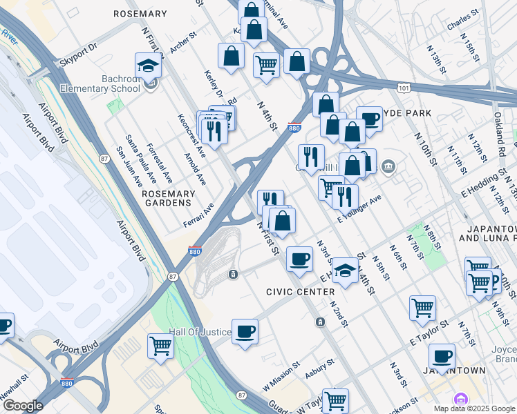 map of restaurants, bars, coffee shops, grocery stores, and more near 1150 North 1st Street in San Jose