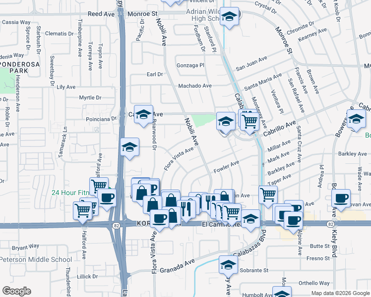 map of restaurants, bars, coffee shops, grocery stores, and more near 3427 Flora Vista Avenue in Santa Clara