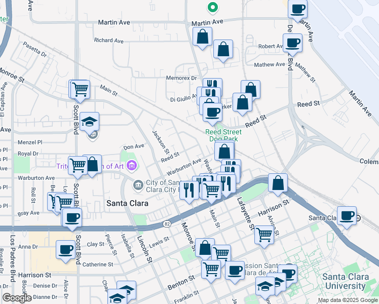 map of restaurants, bars, coffee shops, grocery stores, and more near 1891 Main Street in Santa Clara