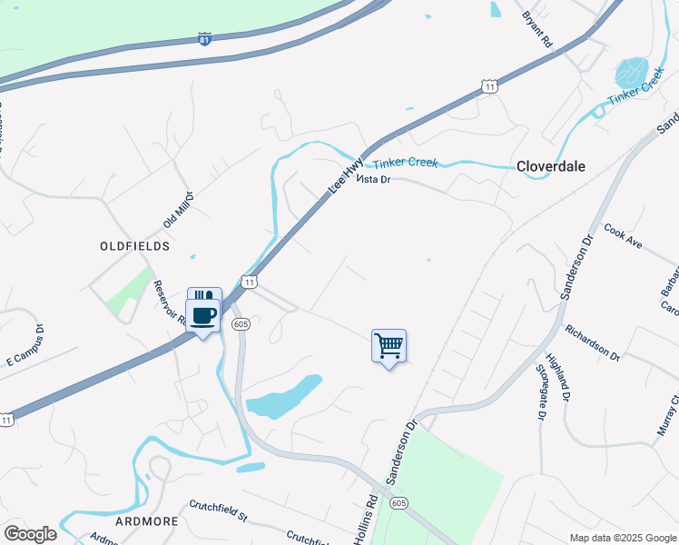 map of restaurants, bars, coffee shops, grocery stores, and more near 122 North Commerce Street in Roanoke