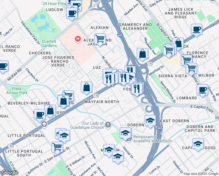 map of restaurants, bars, coffee shops, grocery stores, and more near 2232 California 130 in San Jose