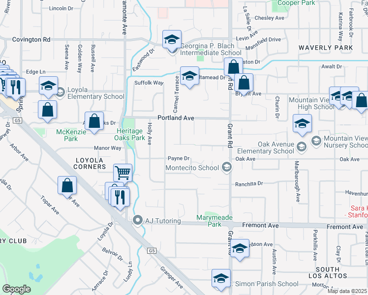 map of restaurants, bars, coffee shops, grocery stores, and more near 1178 Eureka Avenue in Los Altos