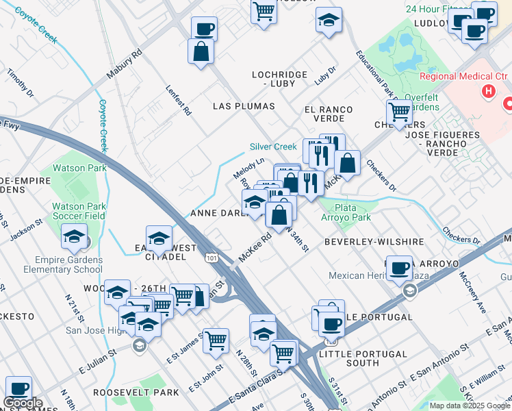 map of restaurants, bars, coffee shops, grocery stores, and more near 363 Royce Drive in San Jose