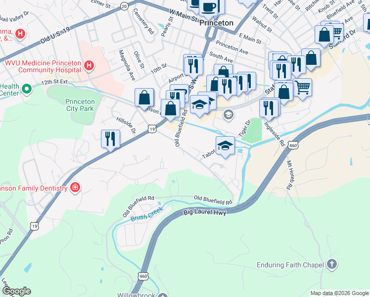 map of restaurants, bars, coffee shops, grocery stores, and more near 341 Old Bluefield Road in Princeton