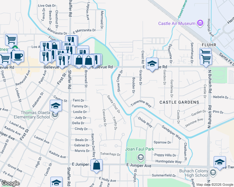 map of restaurants, bars, coffee shops, grocery stores, and more near 2531 Stone Creek Drive in Atwater