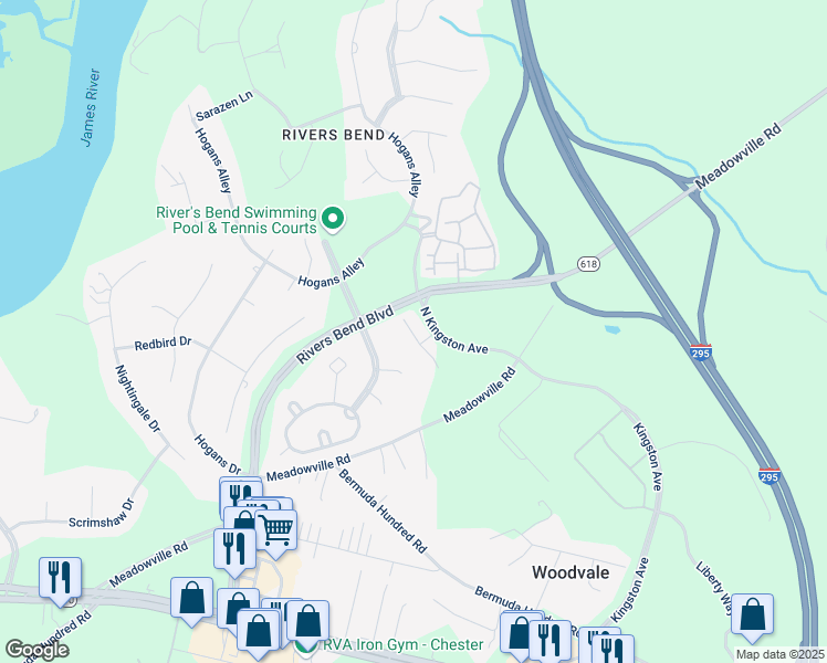 map of restaurants, bars, coffee shops, grocery stores, and more near 12221 Rivers Bend Boulevard in Chester