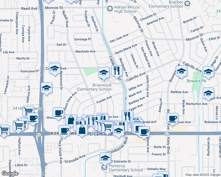 map of restaurants, bars, coffee shops, grocery stores, and more near 3291 Victoria Avenue in Santa Clara