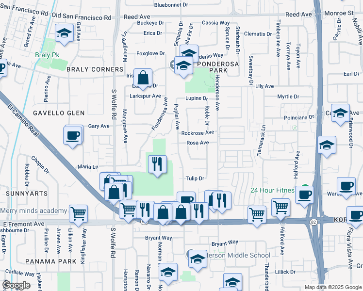 map of restaurants, bars, coffee shops, grocery stores, and more near 916 Poplar Avenue in Sunnyvale