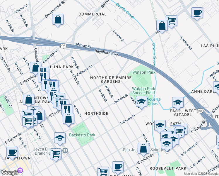 map of restaurants, bars, coffee shops, grocery stores, and more near 671 North 20th Street in San Jose