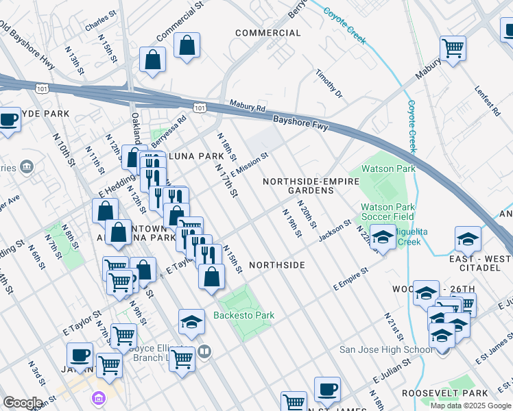 map of restaurants, bars, coffee shops, grocery stores, and more near 724 North 17th Street in San Jose