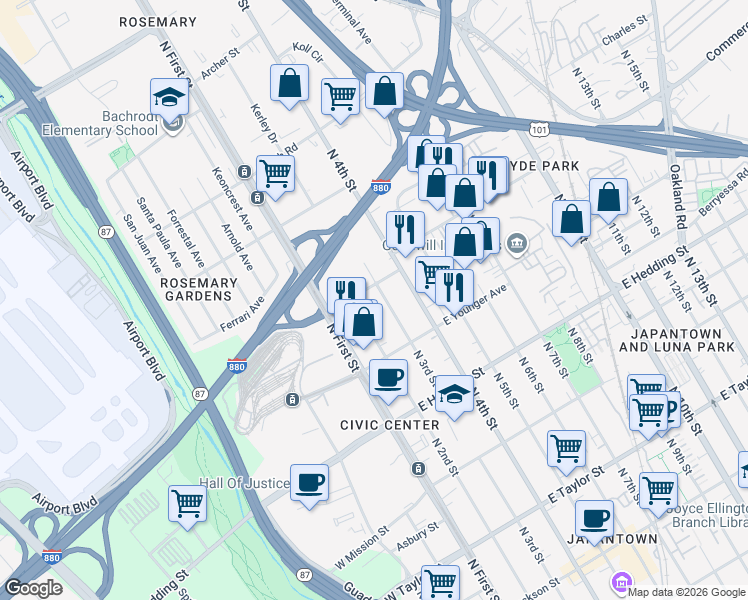 map of restaurants, bars, coffee shops, grocery stores, and more near 1104 North 3rd Street in San Jose