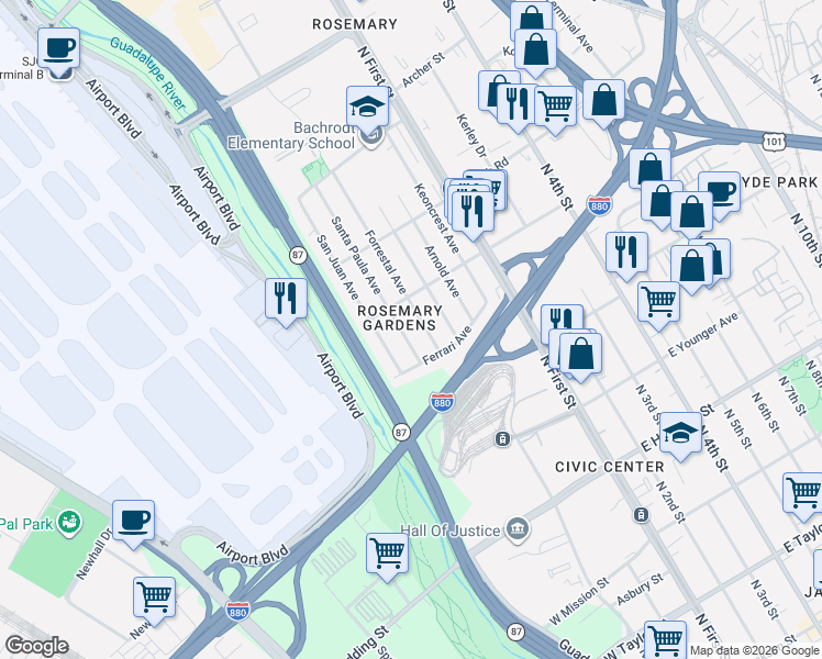 map of restaurants, bars, coffee shops, grocery stores, and more near 1239 Forrestal Avenue in San Jose
