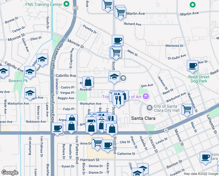 map of restaurants, bars, coffee shops, grocery stores, and more near 1900 Scott Boulevard in Santa Clara