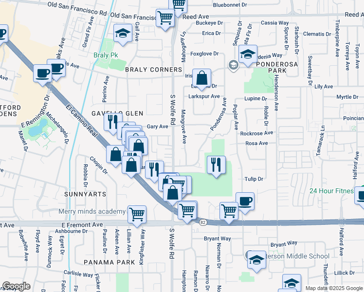 map of restaurants, bars, coffee shops, grocery stores, and more near 956 Mangrove Avenue in Sunnyvale