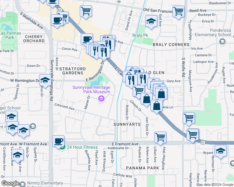 map of restaurants, bars, coffee shops, grocery stores, and more near 1006 Michelangelo Drive in Sunnyvale