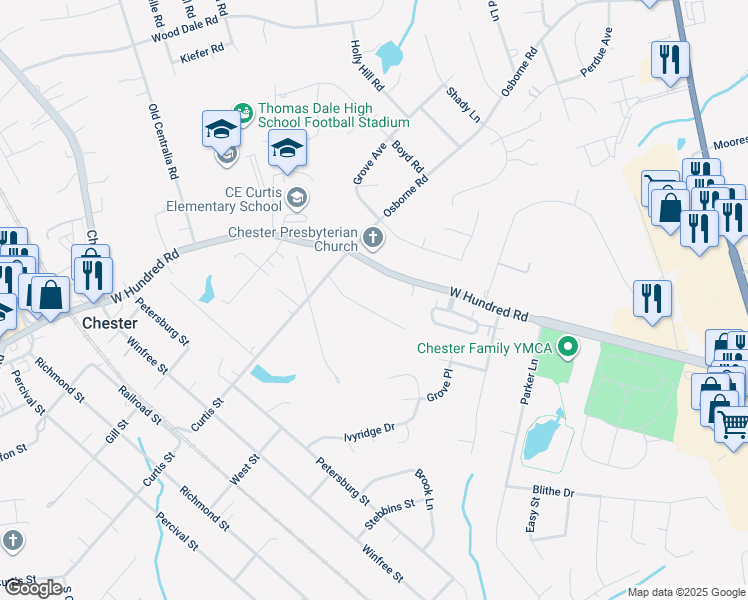 map of restaurants, bars, coffee shops, grocery stores, and more near 3408 Curtis Circle in Chester