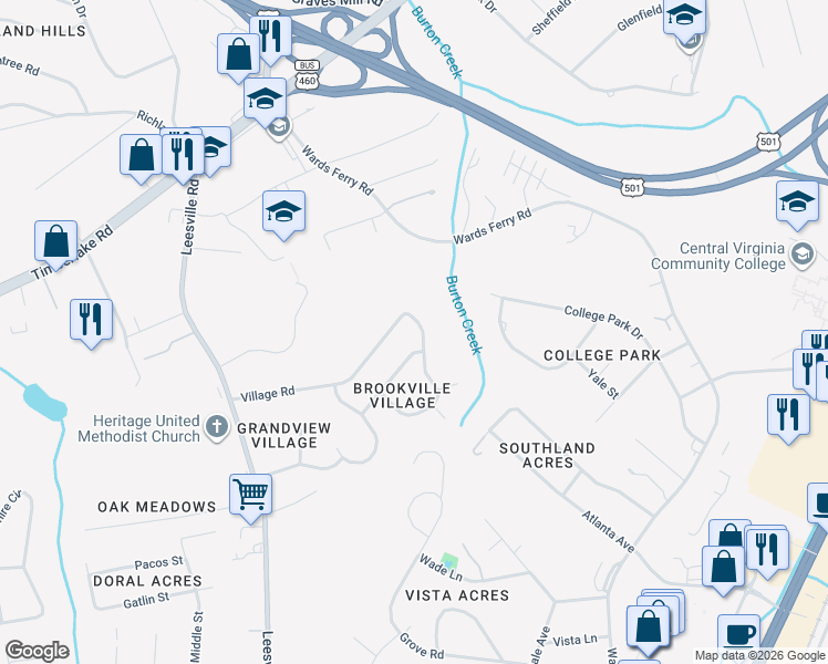map of restaurants, bars, coffee shops, grocery stores, and more near 100 Stonehouse Drive in Lynchburg