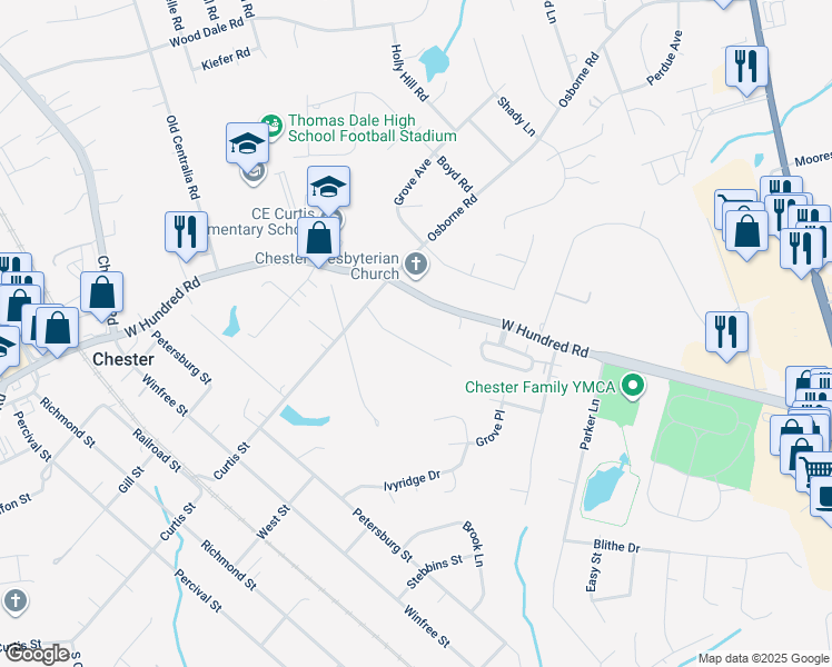 map of restaurants, bars, coffee shops, grocery stores, and more near 3408 Curtis Circle in Chester