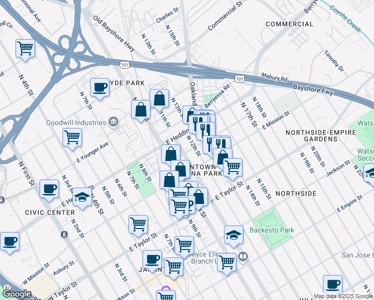 map of restaurants, bars, coffee shops, grocery stores, and more near 527 Vestal Street in San Jose