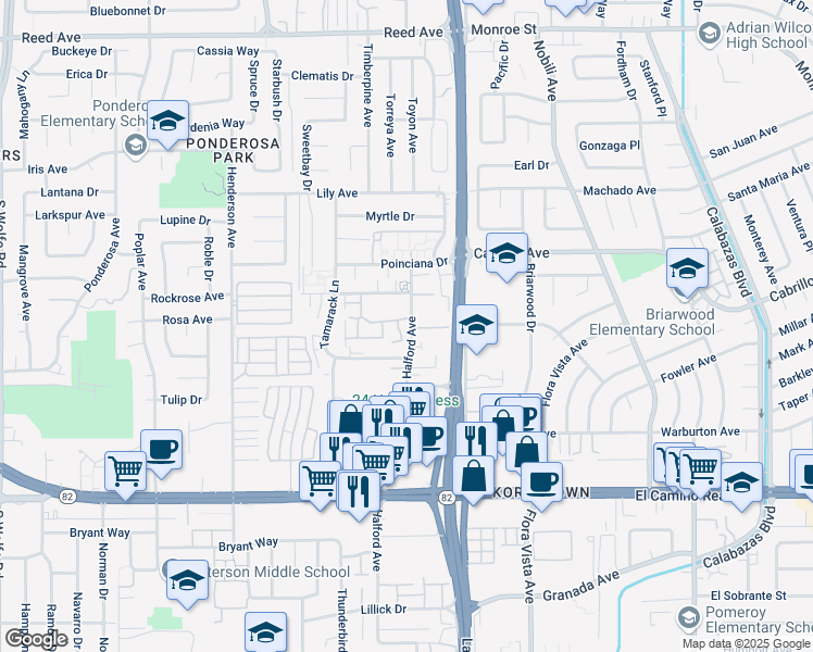 map of restaurants, bars, coffee shops, grocery stores, and more near 1901 Miraplaza Court in Santa Clara